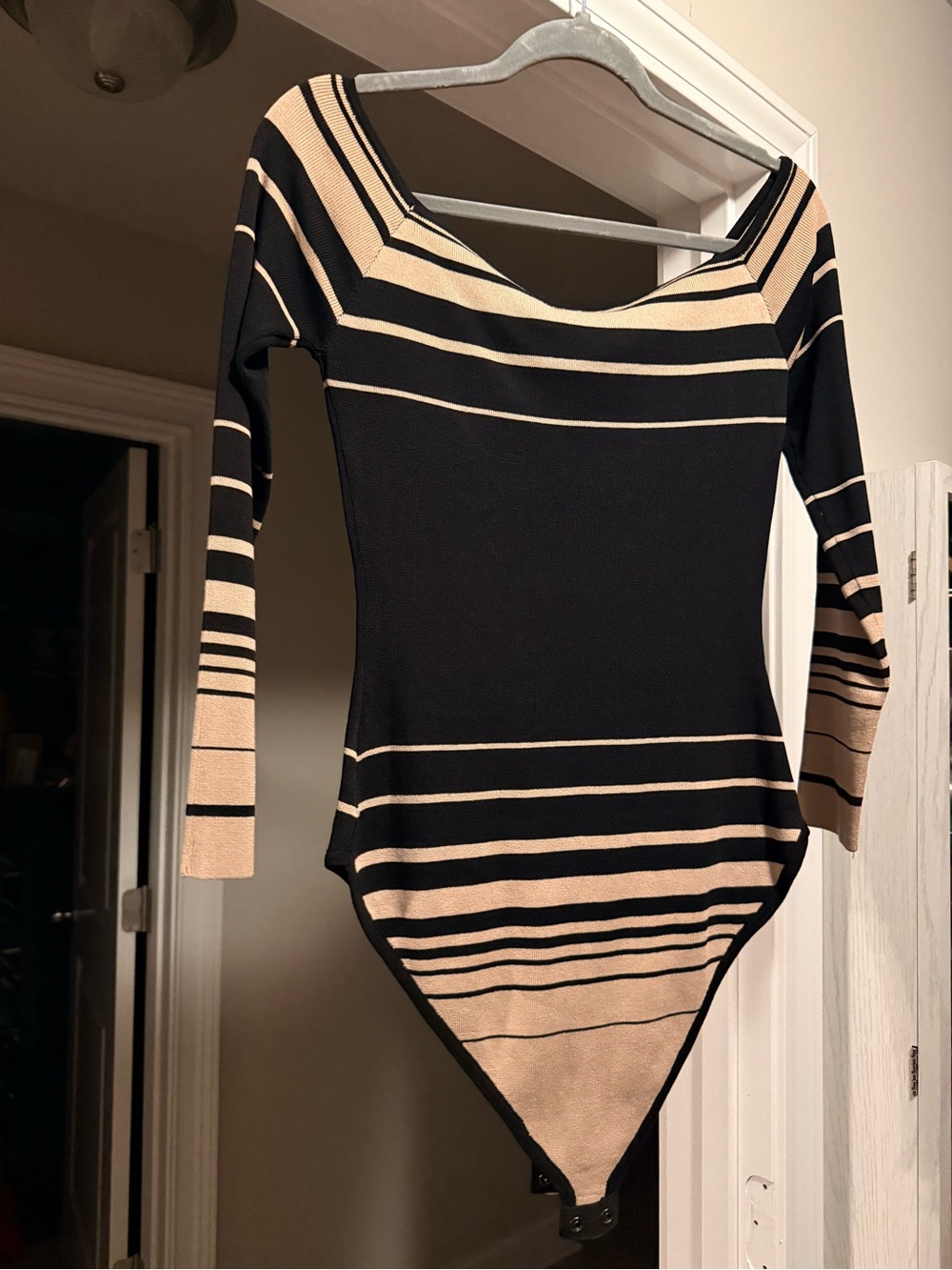 Fashion Nova Black & Beige Striped Long Sleeve Bodysuit